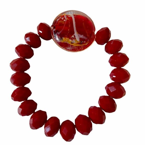 Red Faceted Beaded Stretch Bracelet w/ Dichroic Glass Centerpiece. - Picture 1 of 5